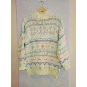 Susann D Sweater Womens Small Knit by Hand Wool Blend Cream Blue Fair Isle